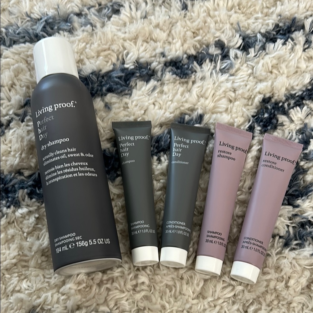 Living Proof full size dry shampoo and travel sizes shampoo and conditioner